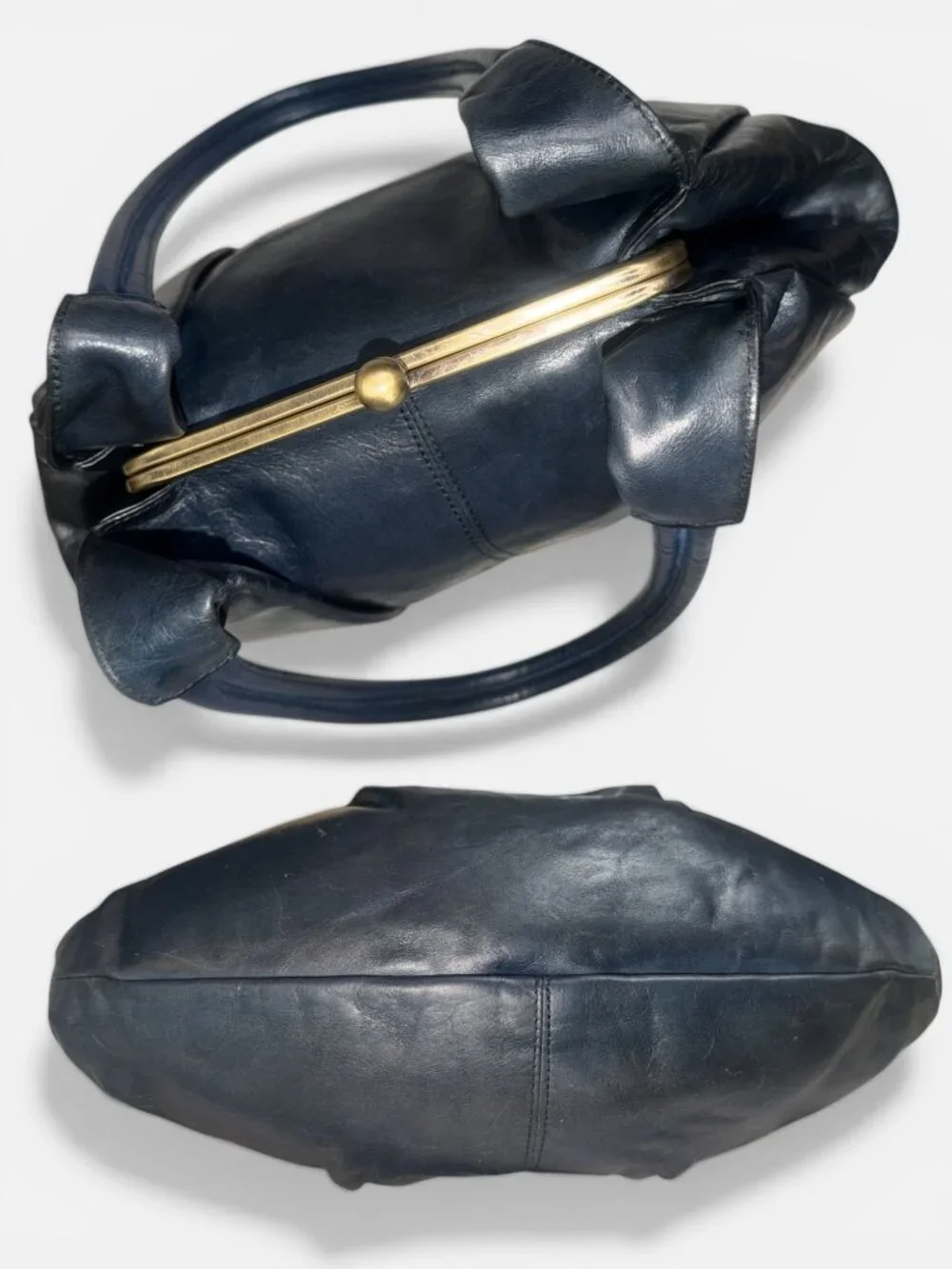 VTG HOBO Blanche Satchel Blue Glaze Leather Fortune Cookie Frame Clasp Lock Y2K - Picture 7 of 11